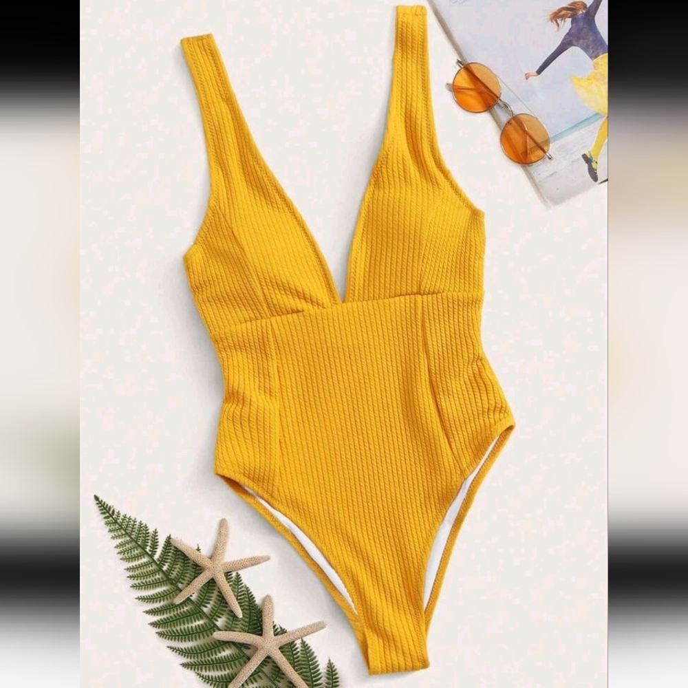 Ribbed Plunging Neck One Piece Swimsuit, L (8-10), Yellow